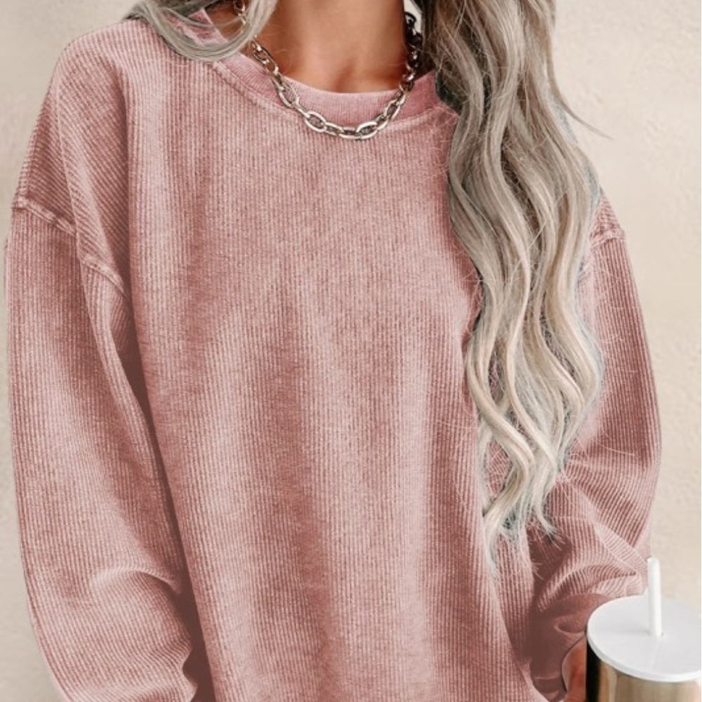 Women's Pink‎ RIBBED Crew Neck Sweatshirt - Picture 2 of 4
